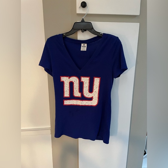 WOMENS VICTORIAS SECRET PINK NFL NEW YORK GIANTS CRYSTAL LOGO TEE SIZE MEDIUM - Picture 1 of 6
